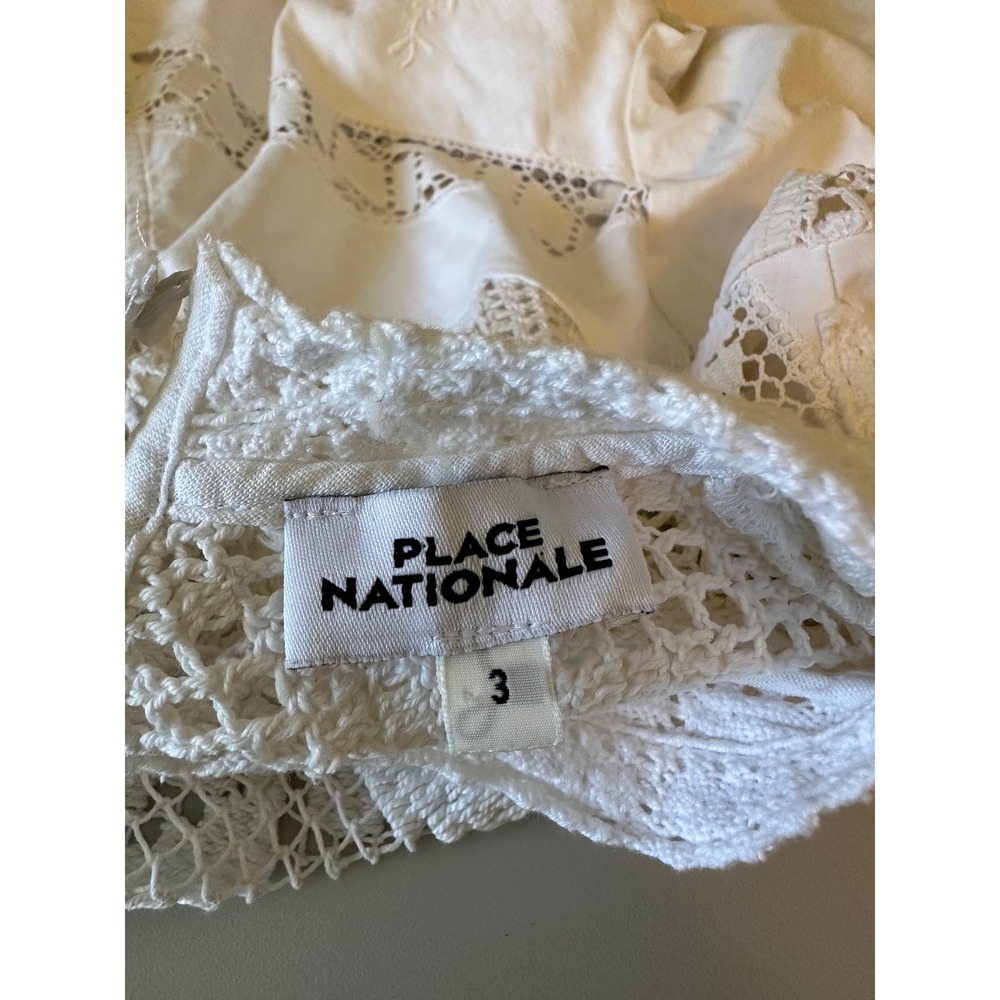 Place Nationale Cotton Lace Mock Button Back Blouse in White | Size 3 (Medium) - Picture 6 of 8